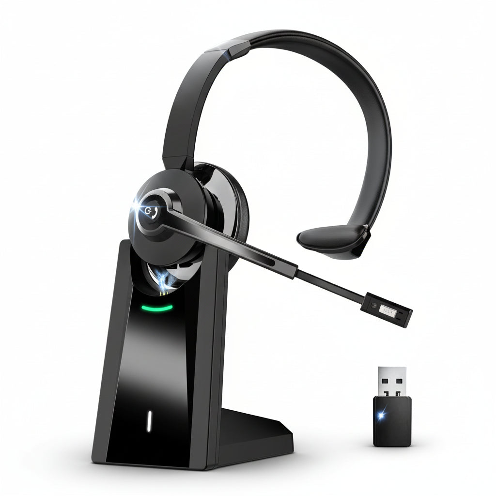 A wireless dual connection headset in black color with a charging base and a USB receiver.