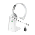 A white Earbay wireless dual connection headset with a charging base and a USB receiver.