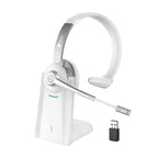 A white Earbay wireless dual connection headset with a charging base and a USB receiver.