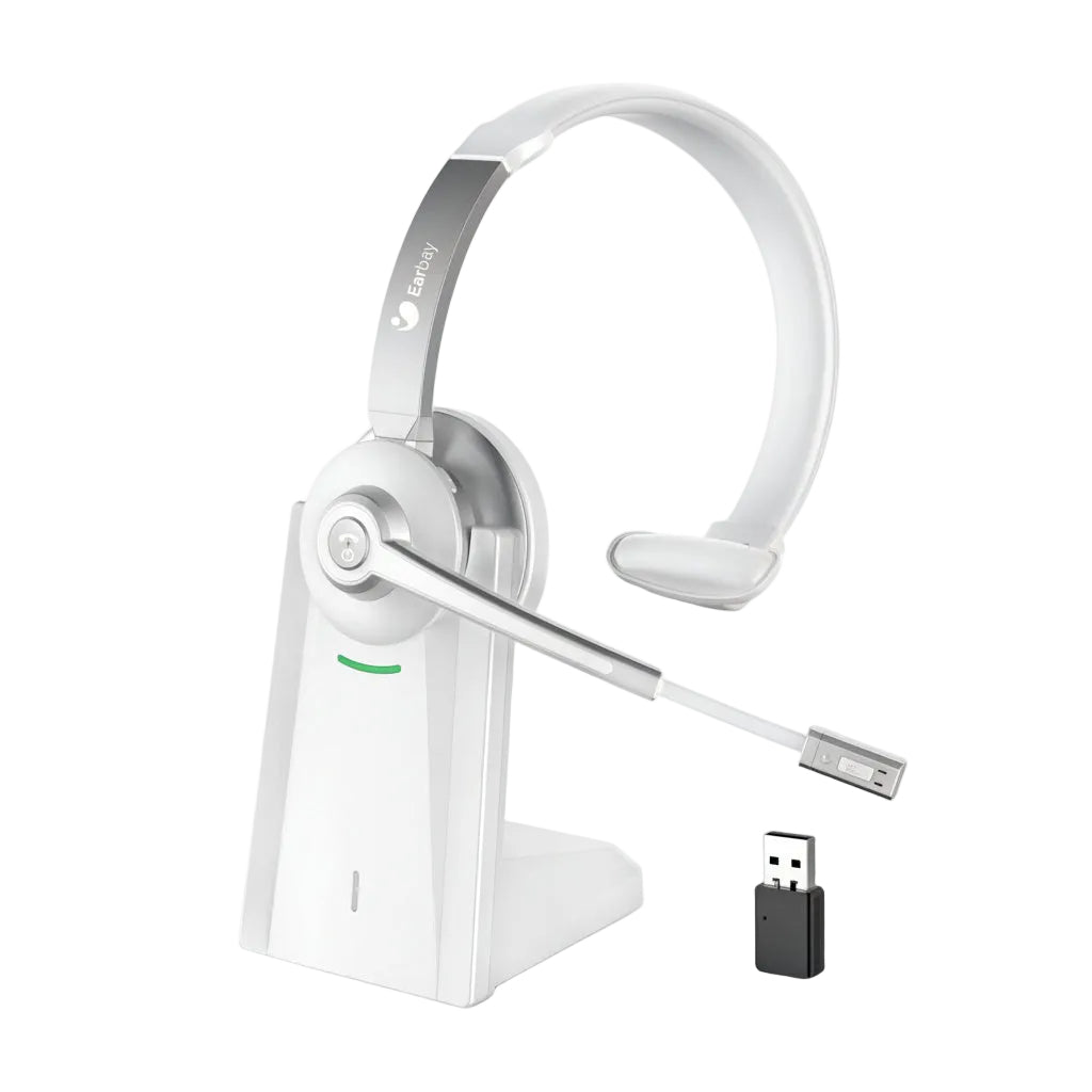 A white Earbay wireless dual connection headset with a charging base and a USB receiver.