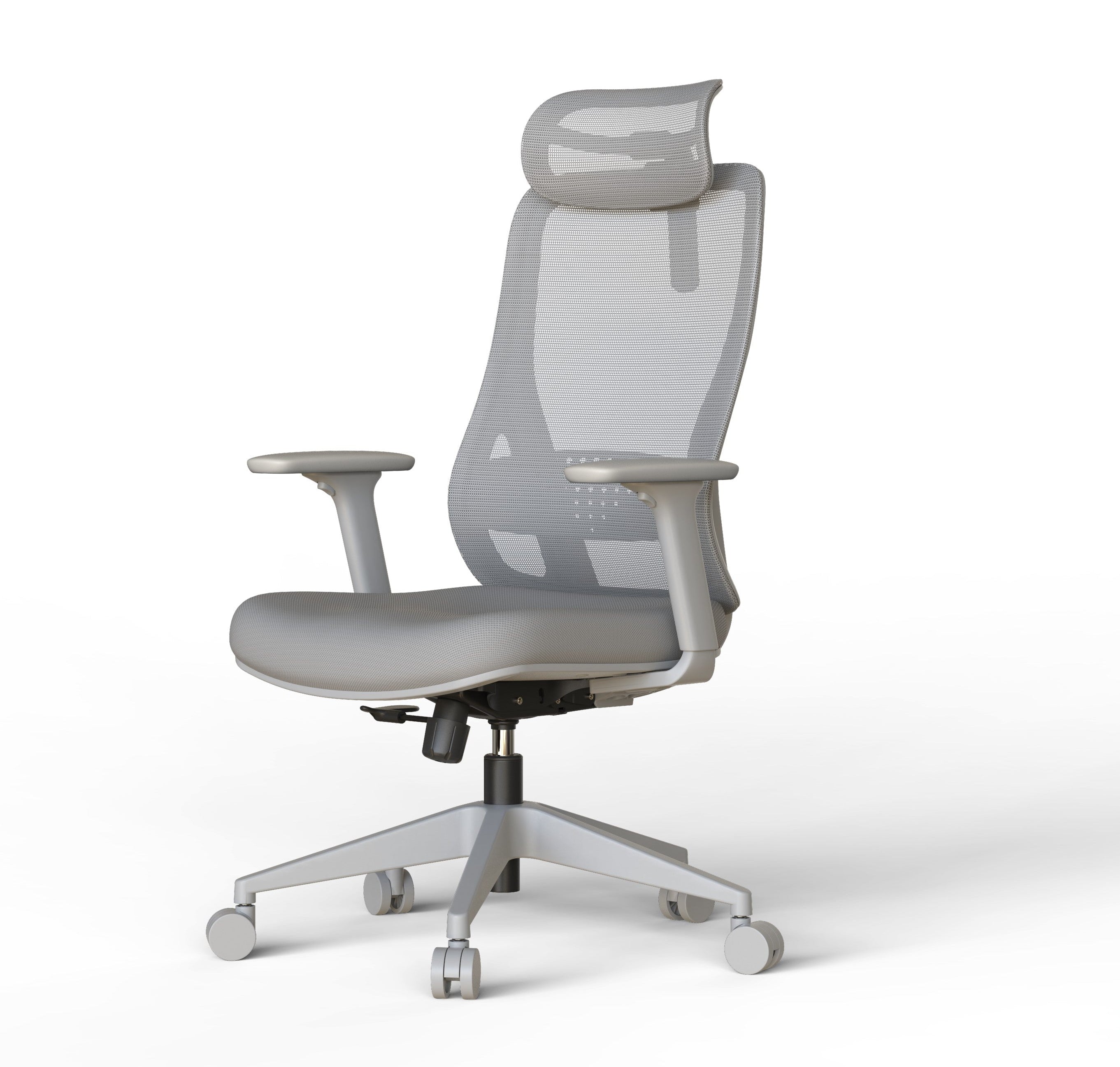 Gray office chair with mesh back on a white background