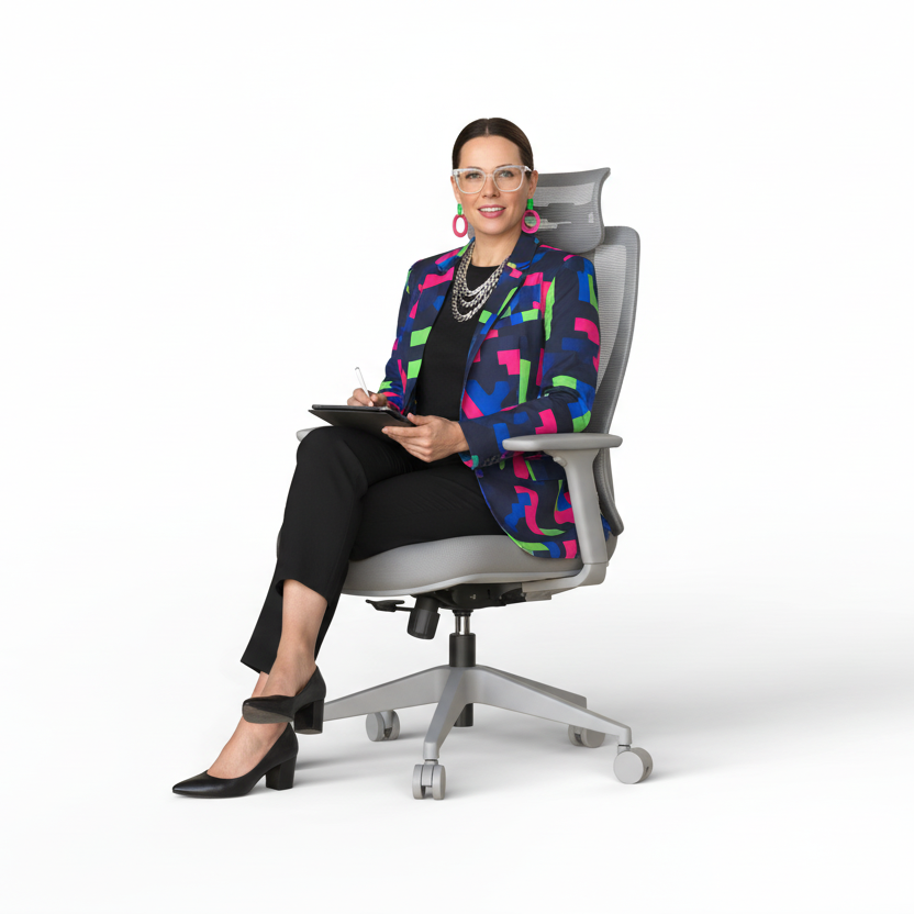 Woman sitting on a modern office chair with a white background