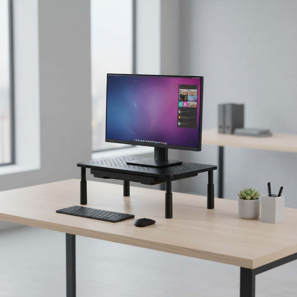 Computer setup on a desk with a monitor, keyboard, and mouse in a modern office setting.