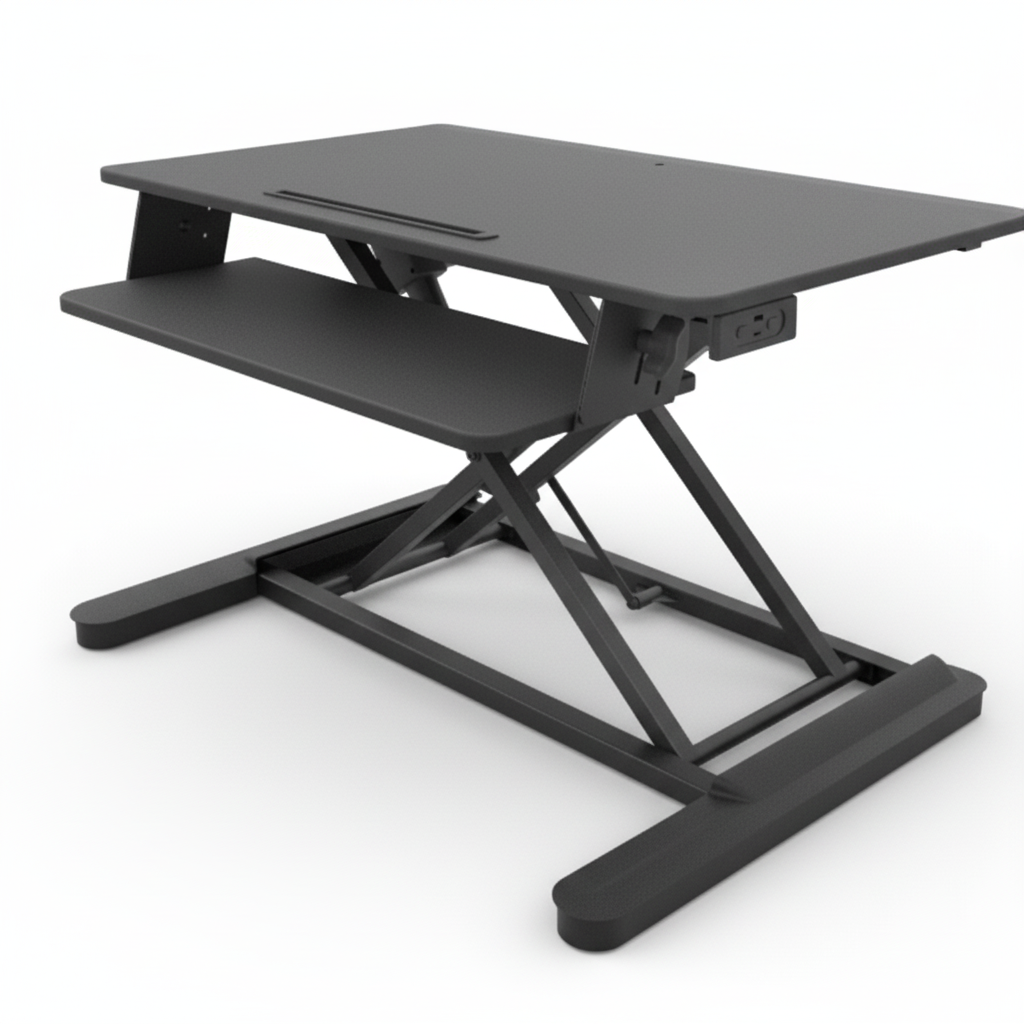 An electric height adjustable standing desk converter with a black frame and black surface, designed to sit atop an existing desk to create a standing workspace.