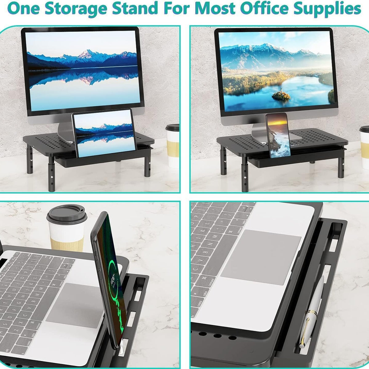 Self Leveling Computer Monitor Riser Adjustable Monitor Riser with Drawer – No More Pain Ergonomics