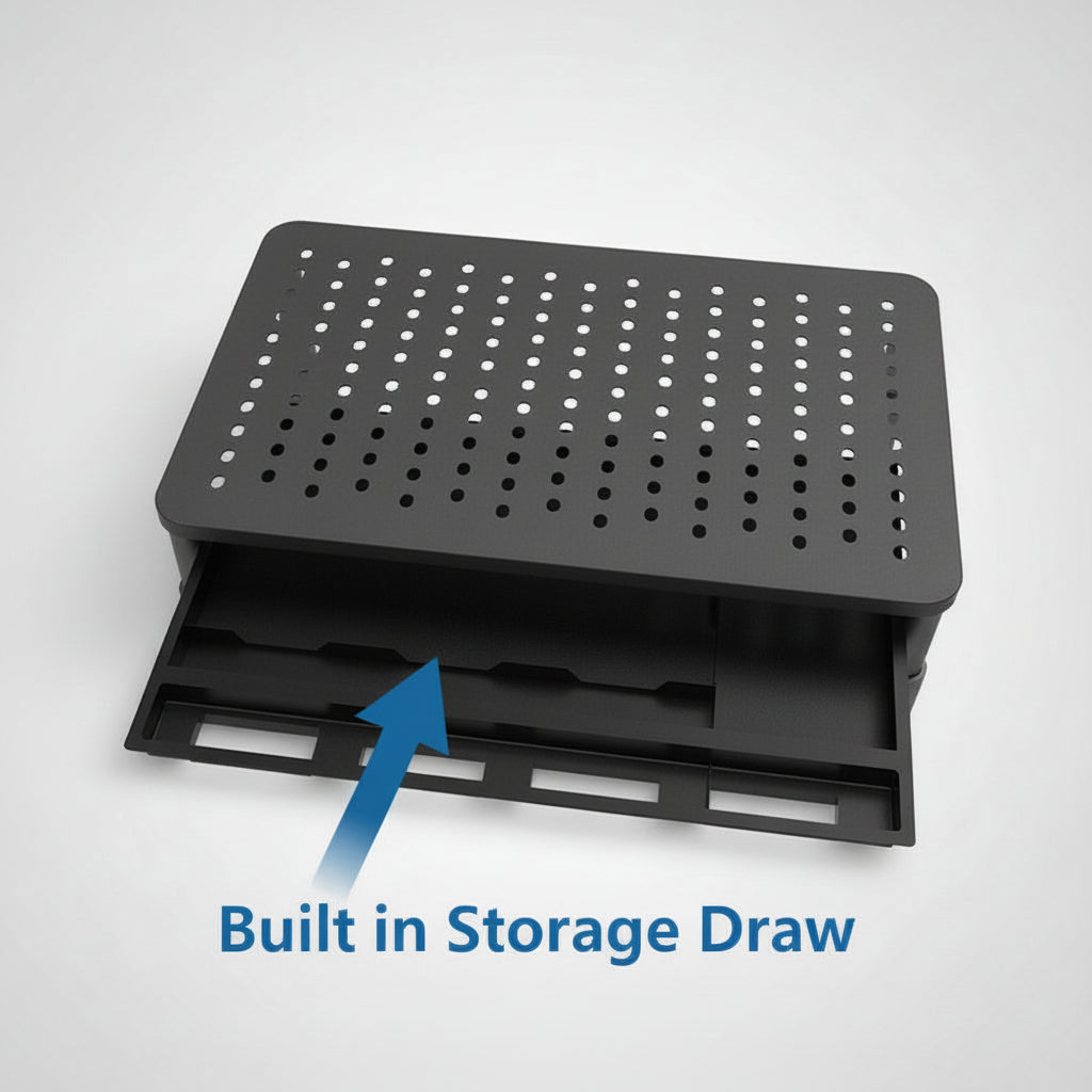 Black perforated step stool with a built-in storage draw on a white background