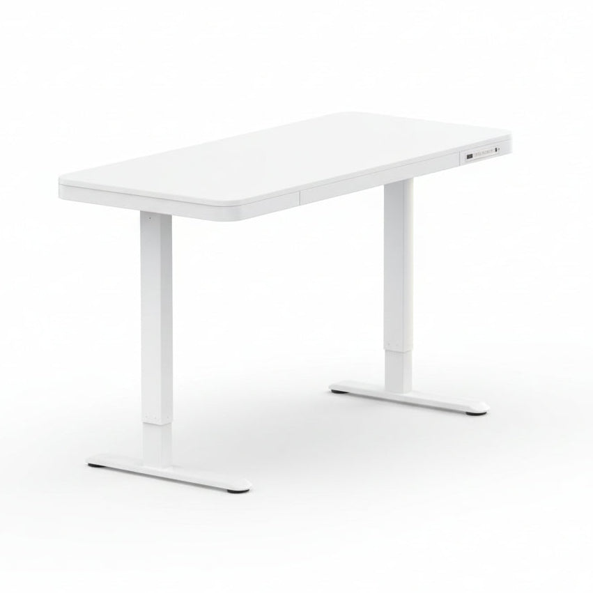 A white motorized height-adjustable standing desk with a compact desktop and integrated storage drawer.