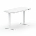 A white motorized height-adjustable standing desk with a compact desktop and integrated storage drawer.