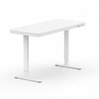 A white motorized height-adjustable standing desk with a compact desktop and integrated storage drawer.
