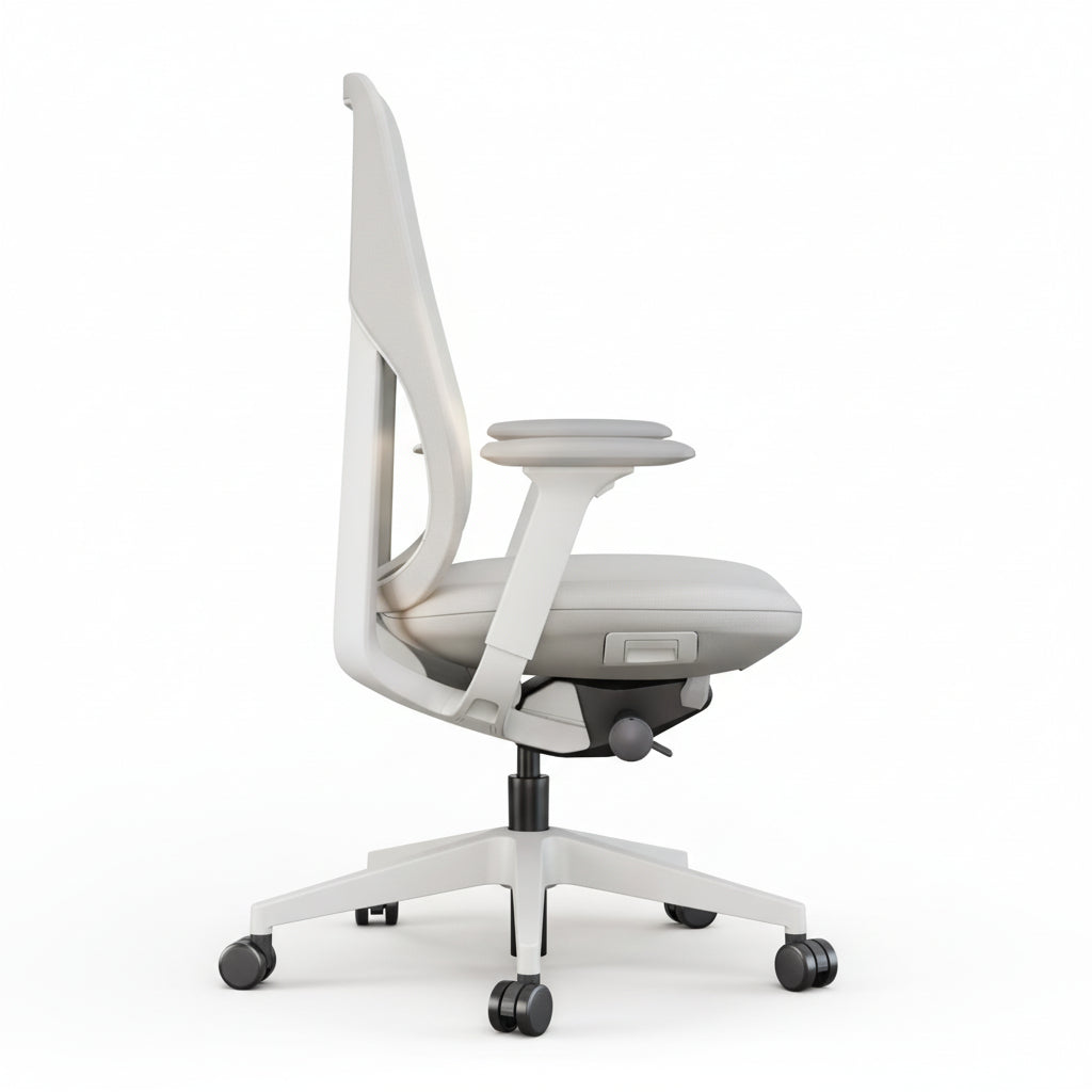 White office chair with adjustable features on a white background