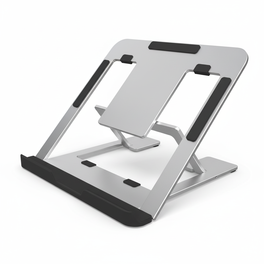 An adjustable compact laptop stand made of aluminum with black silicone pads, featuring multiple viewing angles.