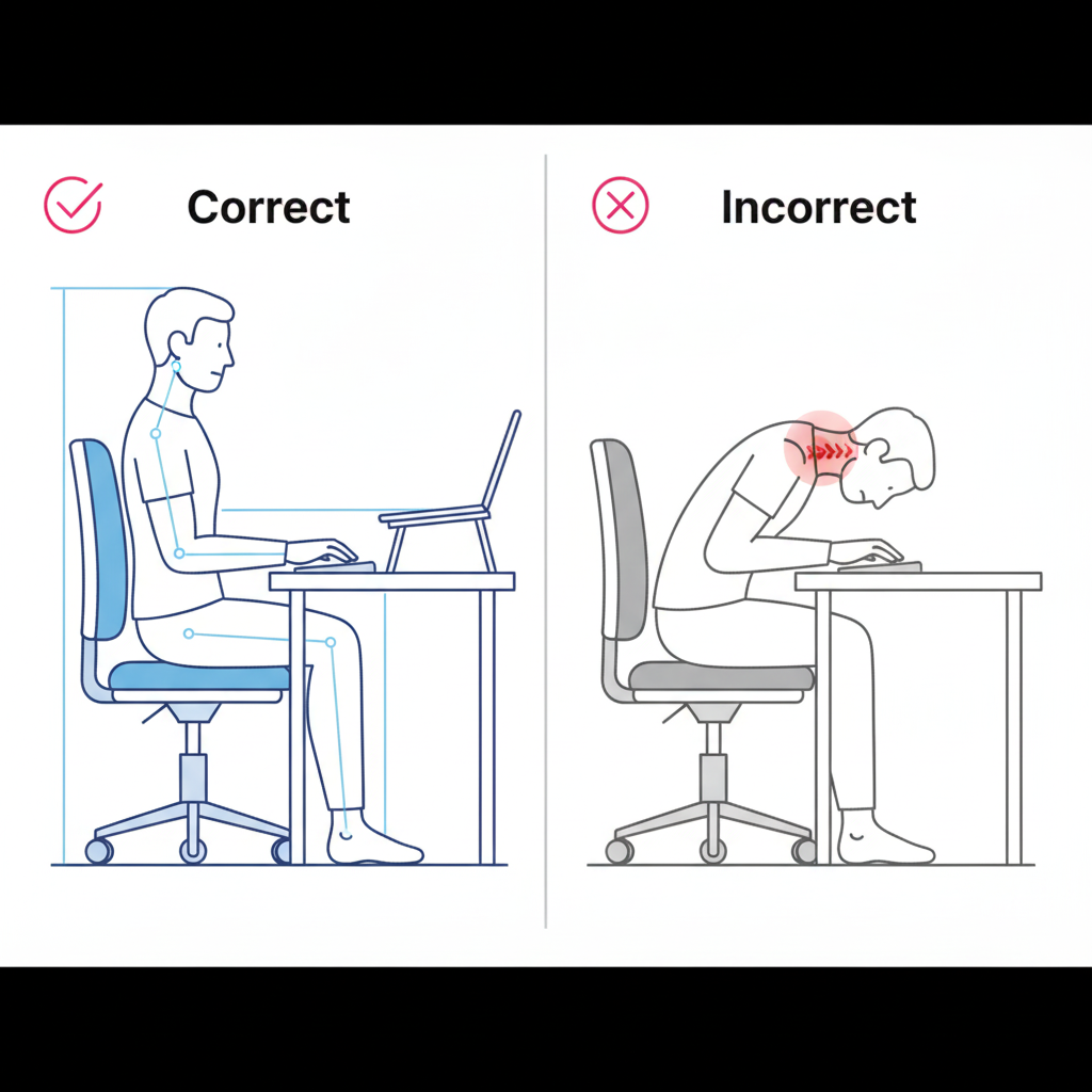 Illustration showing correct and incorrect sitting postures at a desk.