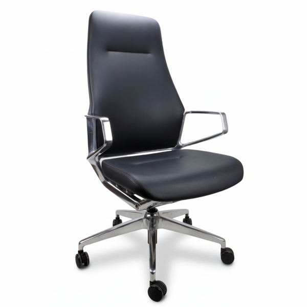 A high-back boardroom office chair with polished aluminum arms and base, and a black PU leather seat and back.