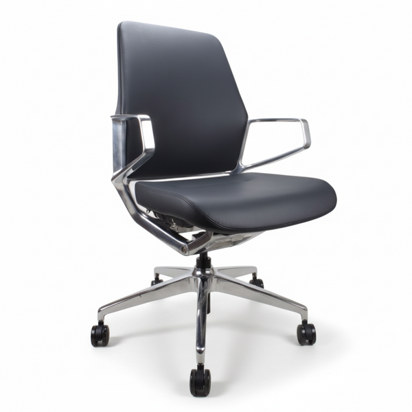 A black PU leather office chair with polished aluminium arms and base, featuring a three-position lockable synchro mechanism and a seat slide.