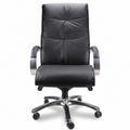 A black padded leather office chair with polished aluminum arms and base, featuring a 2-lever synchro knee tilt mechanism.