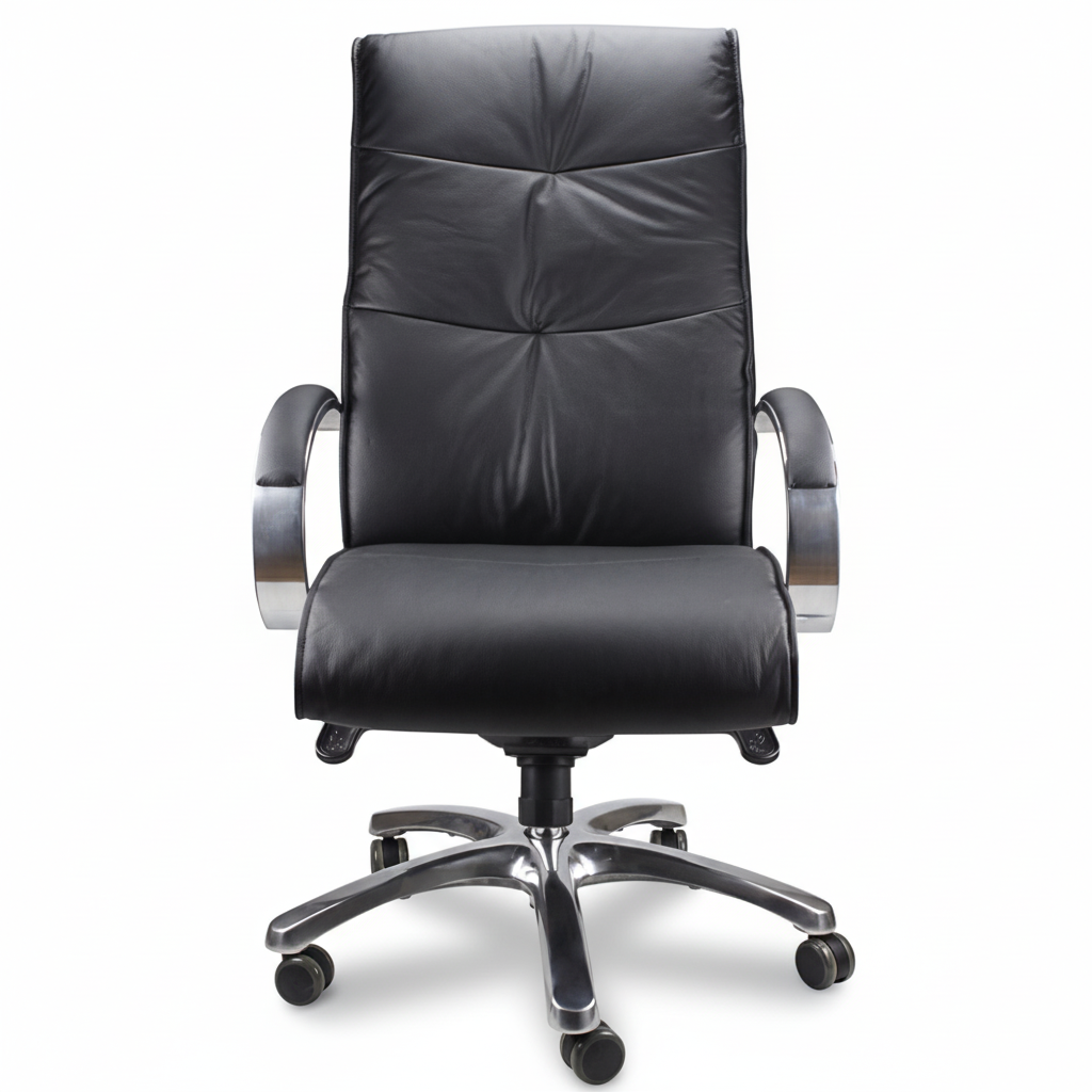 A black padded leather office chair with polished aluminum arms and base, featuring a 2-lever synchro knee tilt mechanism.