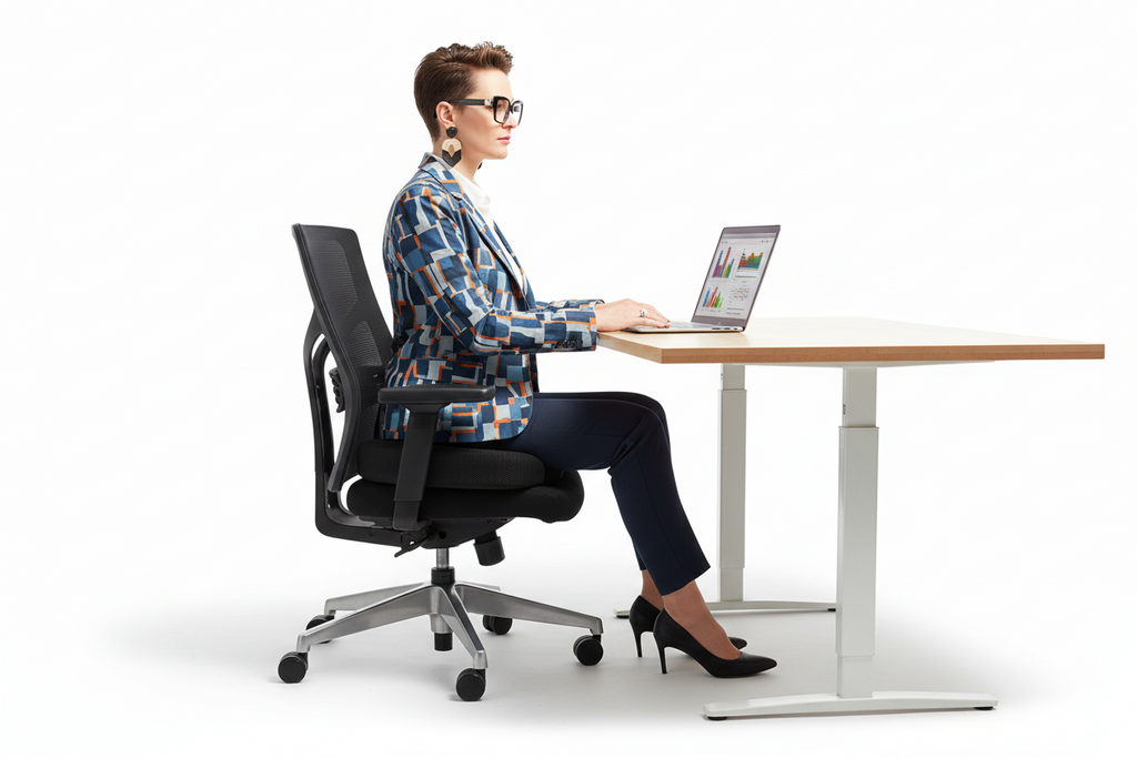Woman sitting at a desk with a laptop, using a ergonomic office chair on a white background