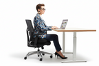 Woman sitting at a desk with a laptop, using a ergonomic office chair on a white background