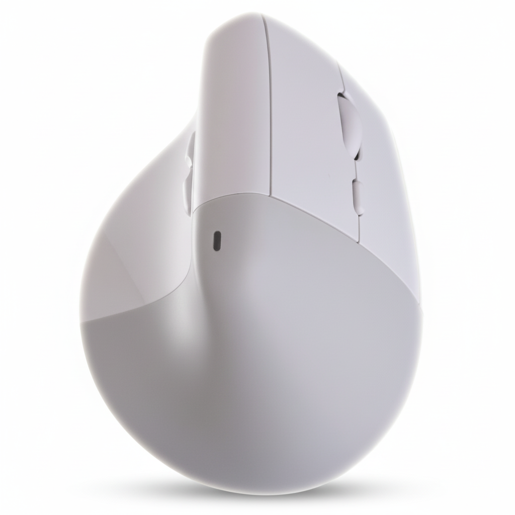 A white vertical ergonomic computer mouse designed for right-handed use, with a soft rubber grip and buttons for precision control.