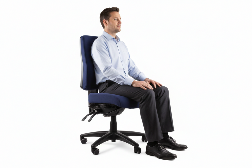 Man sitting on a blue office chair against a white background