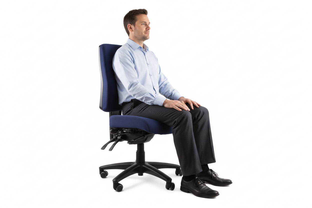 Man sitting on a blue office chair against a white background