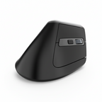 A black vertical ergonomic mouse designed for right-handed users with a sleek finish and three buttons on the side.