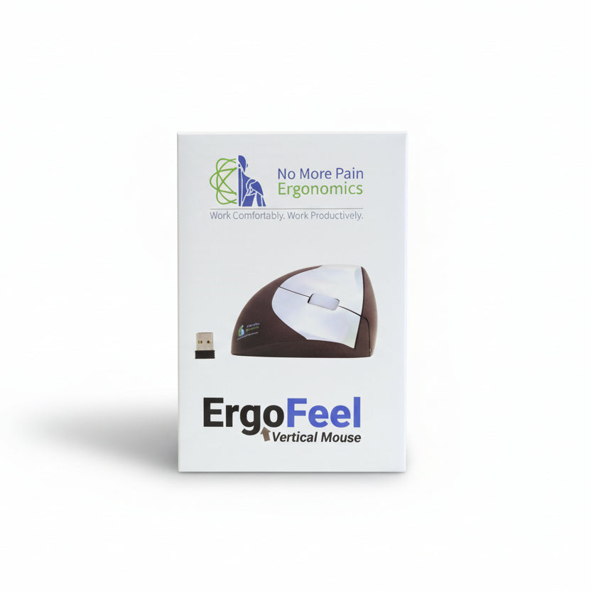 ErgoFeel vertical mouse packaging on a cardboard surface