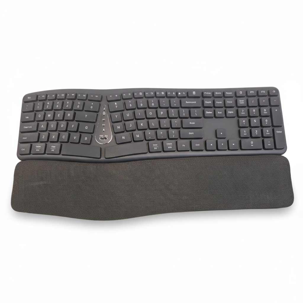 An ergonomic split keyboard with integrated wrist rest and adjustable feet, primarily in black color.