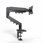 Black monitor arm with adjustable arm and base on a white background.