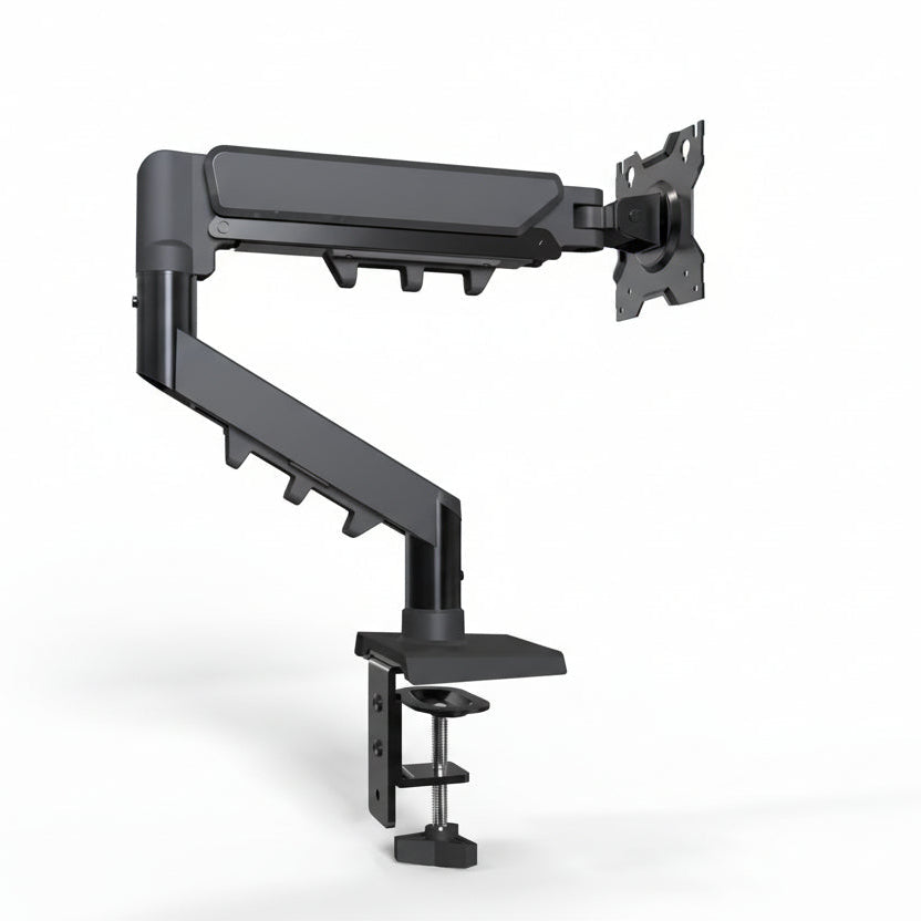 Black monitor arm with adjustable arm and base on a white background.