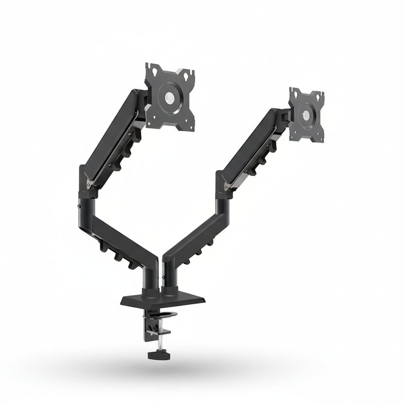 Black dual monitor computer arm