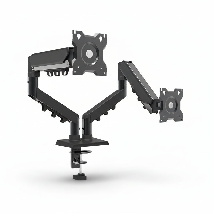 Black dual monitor stand on a white background