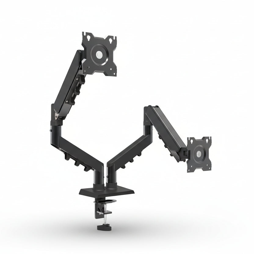 Black adjustable monitor stand on a white background