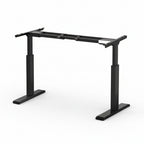 An electrically adjustable standing desk frame in black color, consisting of two motorized legs and a cross-shaped top plate.
