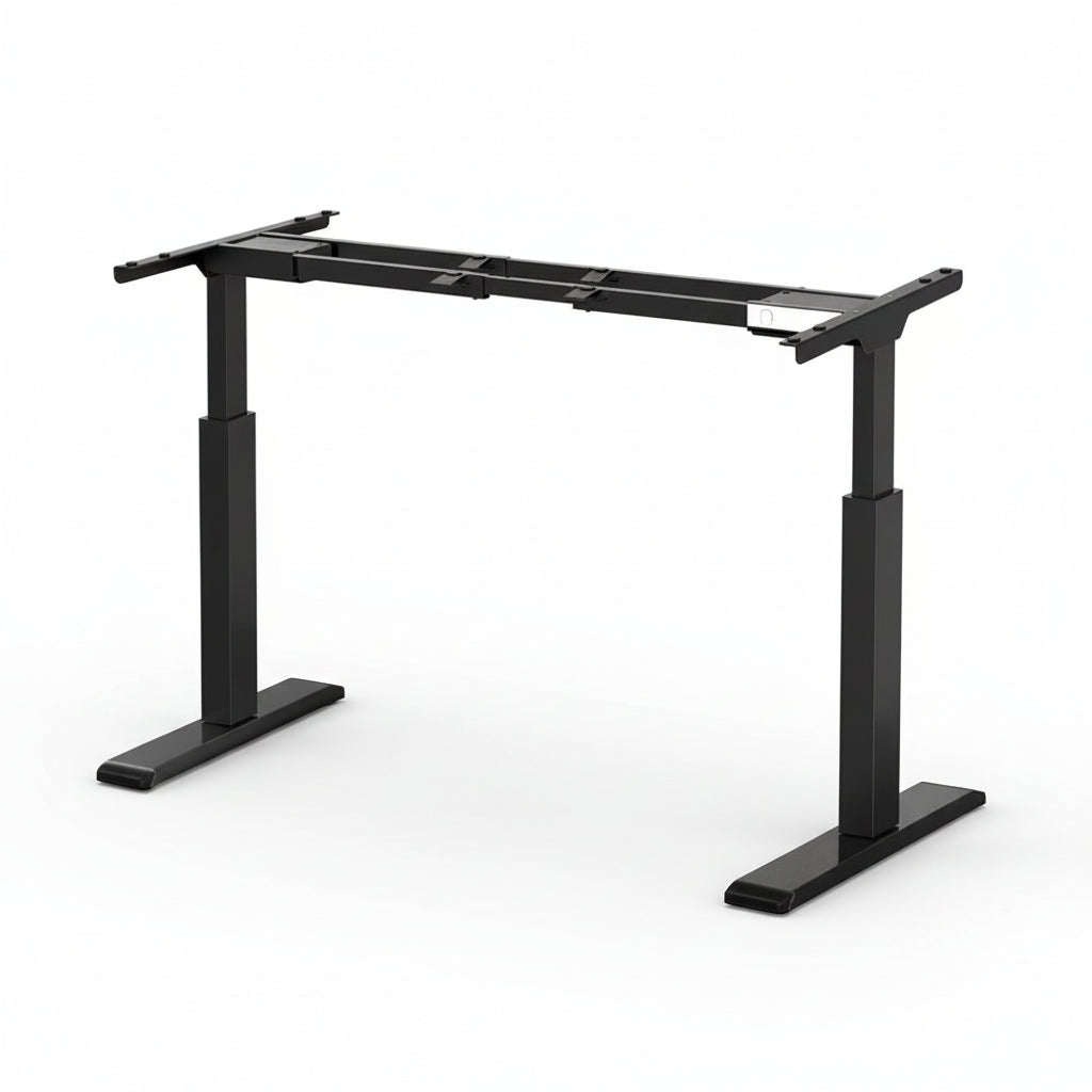 An electrically adjustable standing desk frame in black color, consisting of two motorized legs and a cross-shaped top plate.