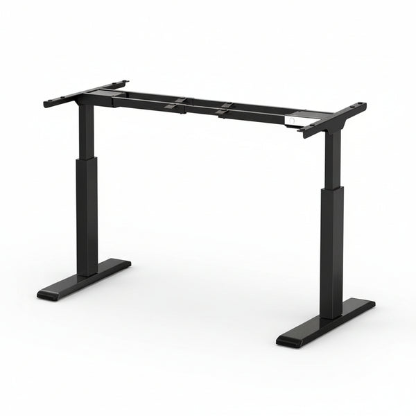 An electrically adjustable standing desk frame in black color, consisting of two motorized legs and a cross-shaped top plate.
