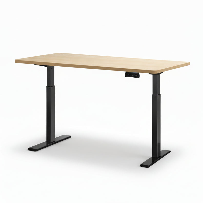 Adjustable height desk with black legs and a light wood top on a white background