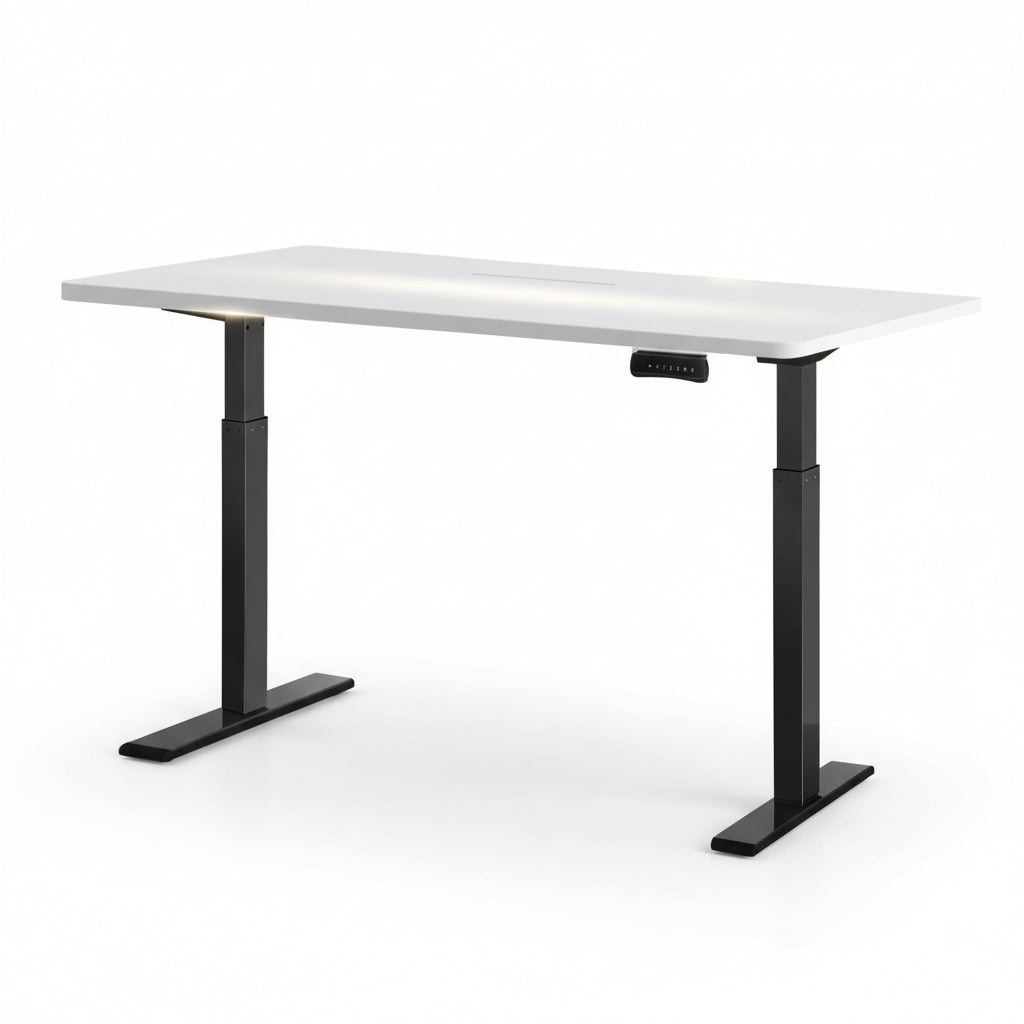 White desk with black adjustable legs on a white background