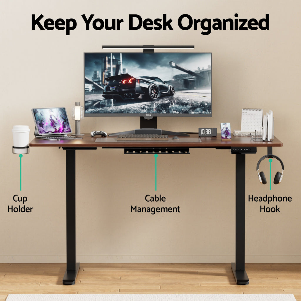 Artiss Electric Dual Motor Standing Desk with Cup & Headphone Holder – 140cm Walnut