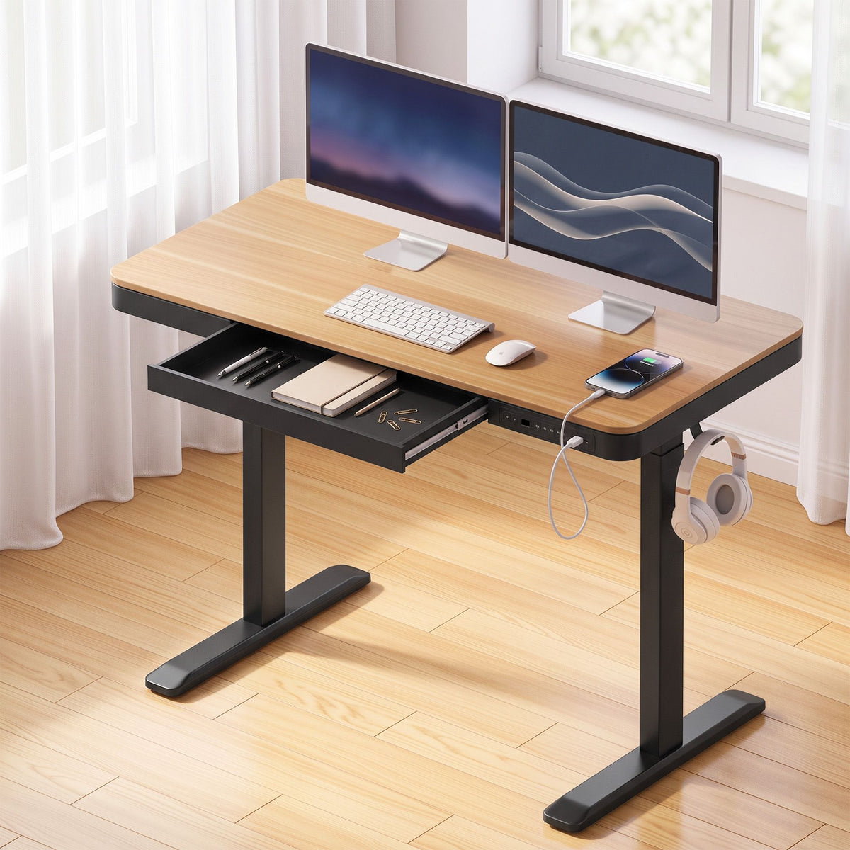 Artiss Electric Standing Desk with USB-C Charging, Drawer & Headphone Hook – 120cm Wood
