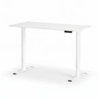 An electric standing desk with a white tabletop and white frame, showing the desk in a fully adjusted position.