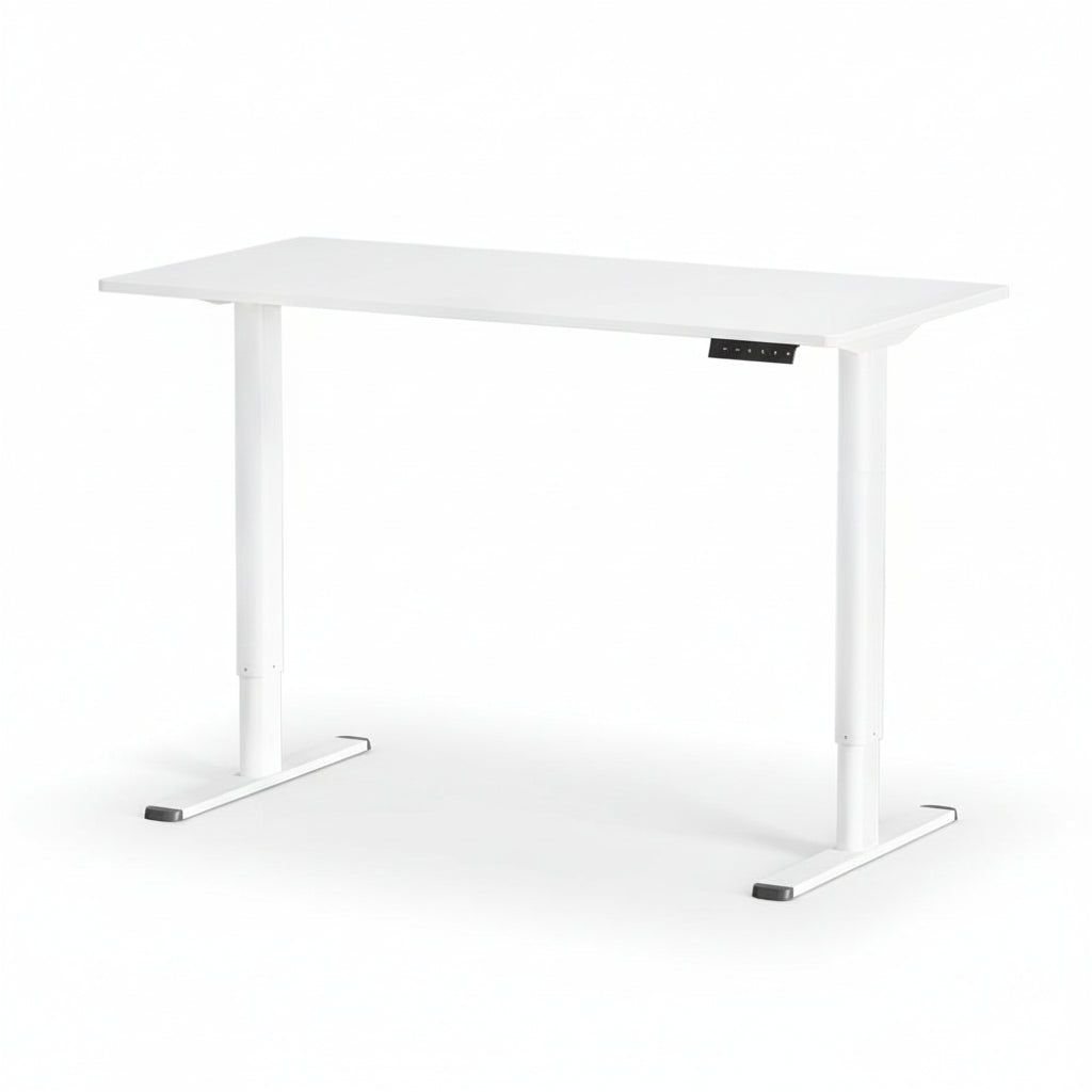 An electric standing desk with a white tabletop and white frame, showing the desk in a fully adjusted position.