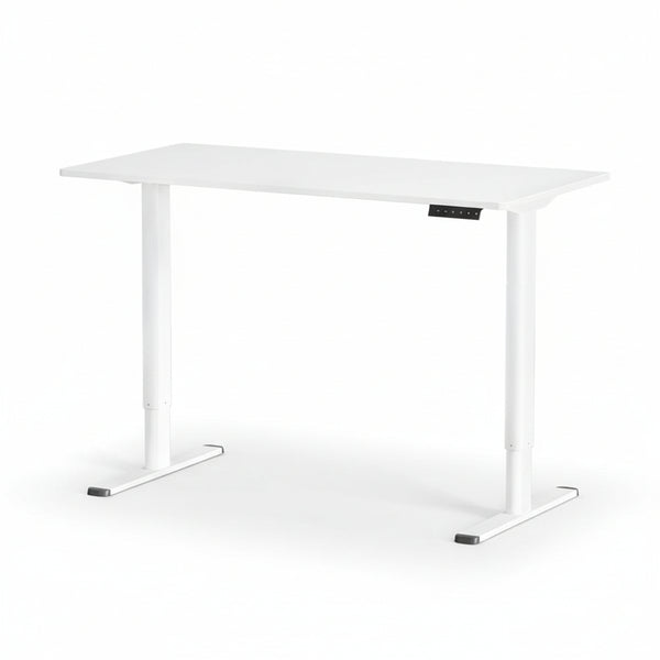 An electric standing desk with a white tabletop and white frame, showing the desk in a fully adjusted position.