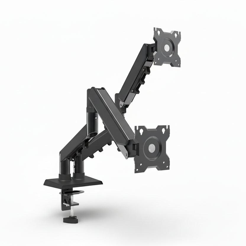 Black adjustable monitor stand on a white background
