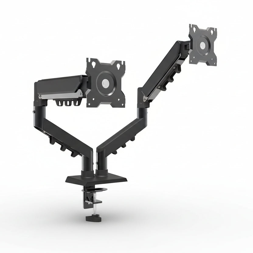 Black dual monitor stand on a white background
