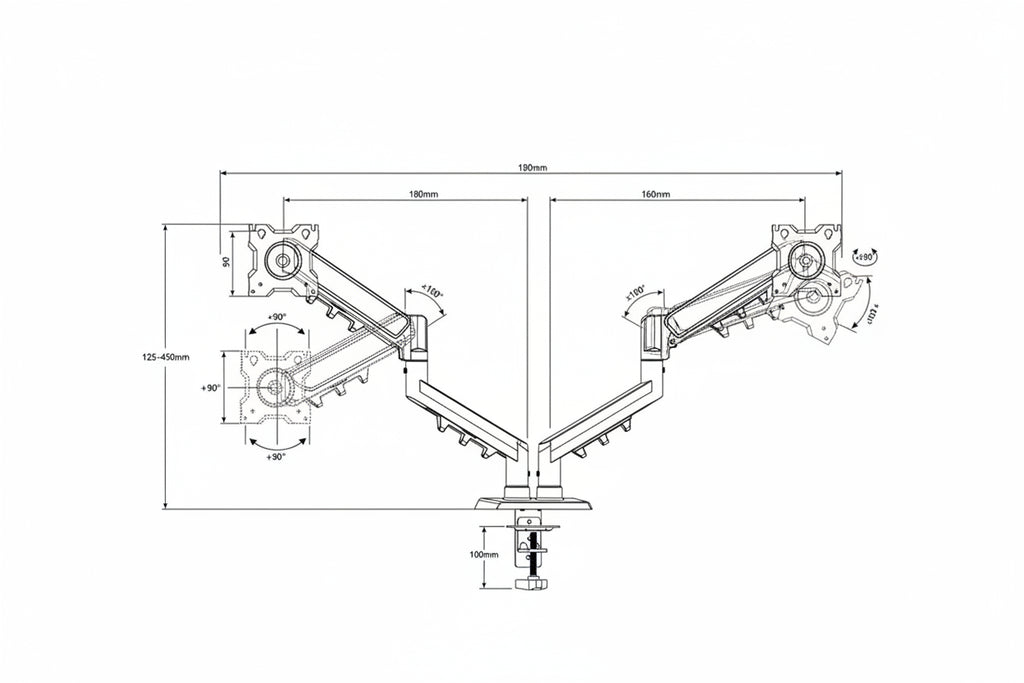 Technical drawing of a dual monitor arm with dimensions labeled