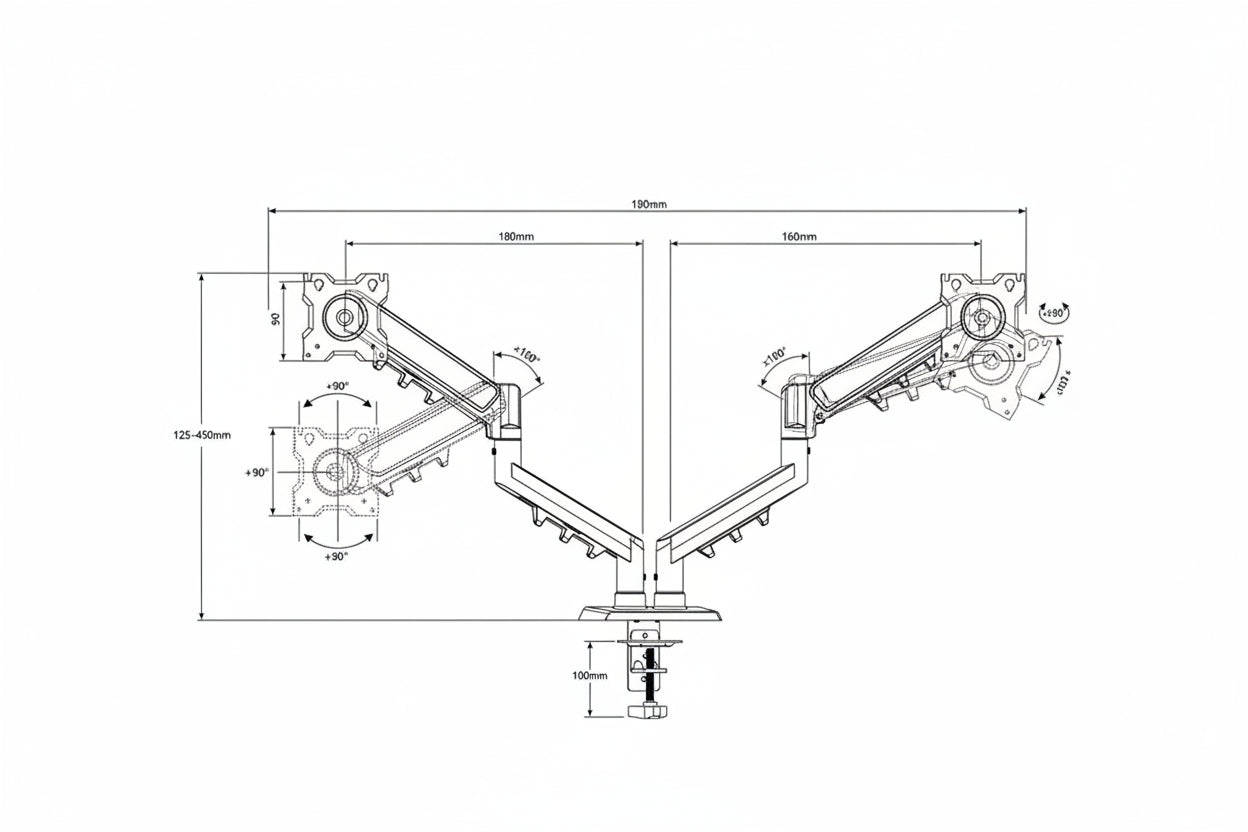 Technical drawing of a dual monitor arm with dimensions labeled