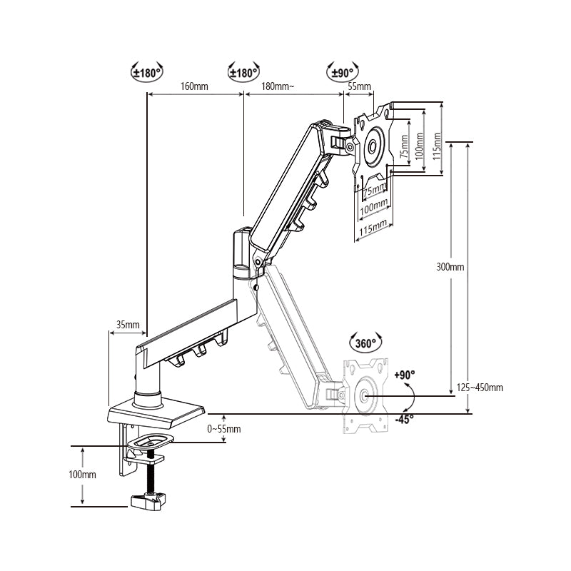 Technical drawing of a monitor arm with dimensions on a white background