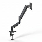 Black adjustable monitor stand on a white background