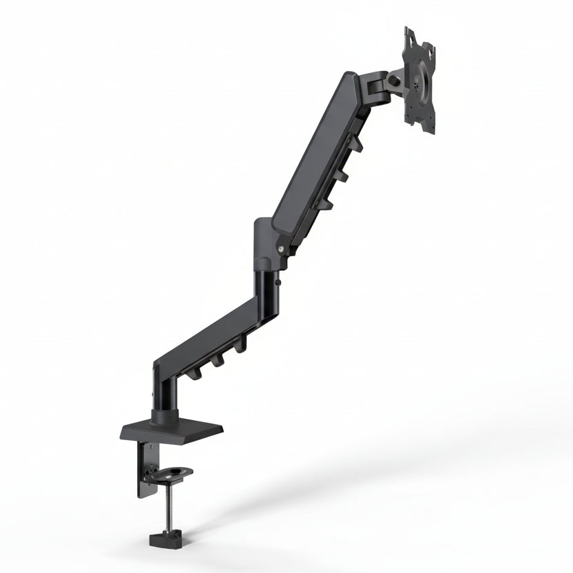 Black adjustable monitor stand on a white background
